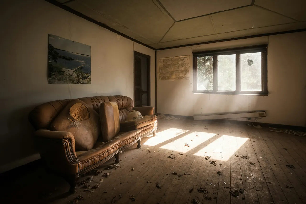 Habitación antes de la obra, con un sofá viejo y luz entrando por la ventana