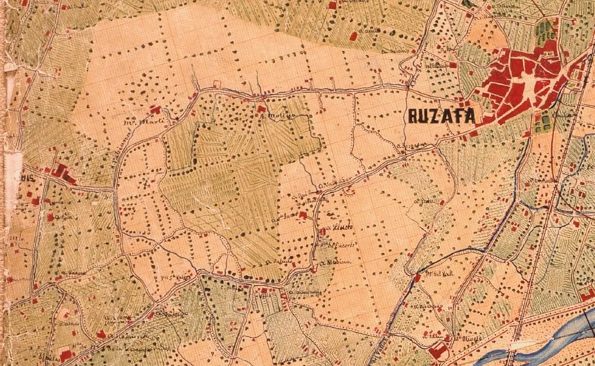 Plano antiguo de Russafa de 1883, con las huertas y el núcleo del pueblo en rojo
